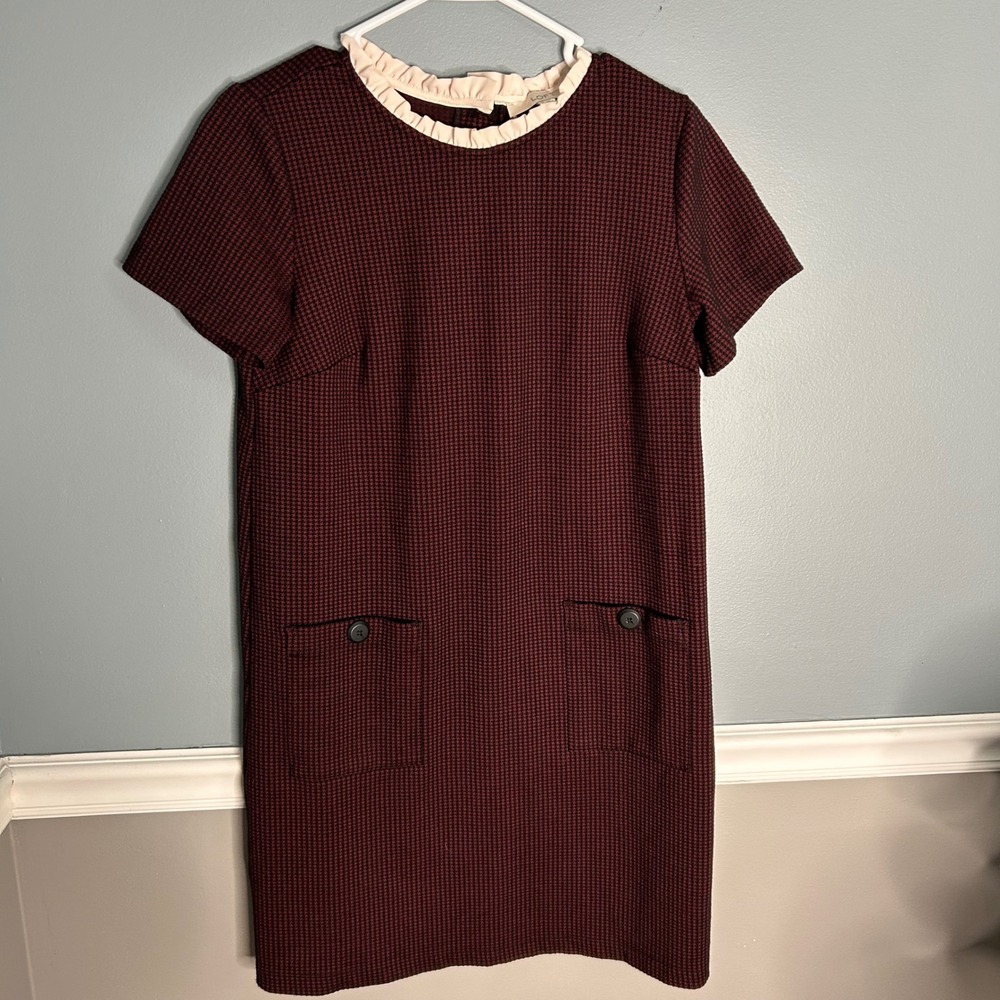 Loft Houndstooth Ruffle Neck Shift Dress‎ Burgundy Black Size 4